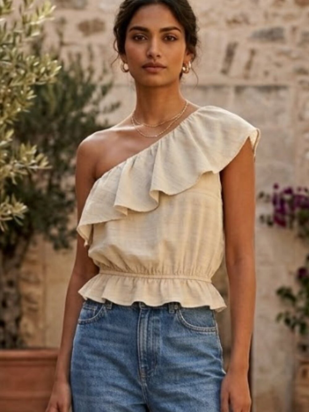American Eagle | One Shoulder Gauzy Cotton Light Sage Green Blouse Top | Small
